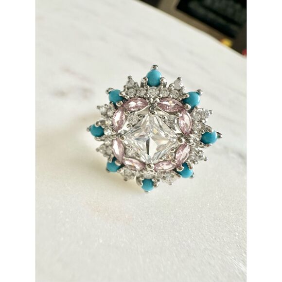 Light pink and turquoise blue cubic zirconia adjustable cocktail ring ￼ - Picture 8 of 8